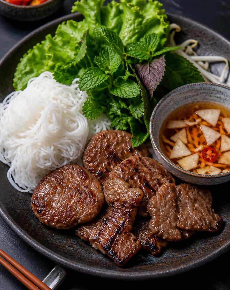 Vietnamesisches Bún Chả mit gegrilltem Schweinefleisch, Reisnudeln und Dip-Sauce
