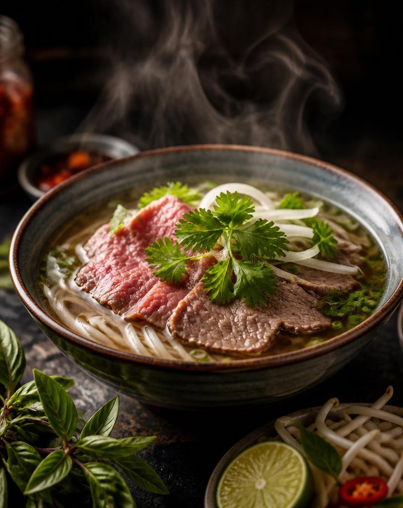 Aromatische Pho Bo Schüssel mit frischen Kräutern und aufsteigendem Dampf